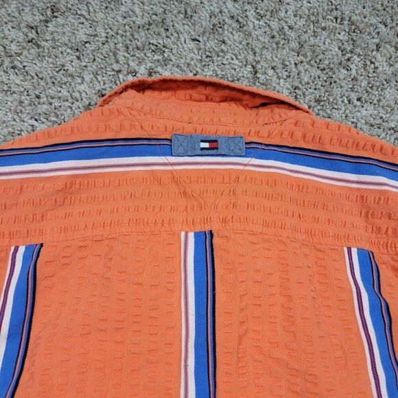 Tommy Hilfiger Shirt Mens Large Orange Seersucker Short Sleeve Striped Button Up - Picture 7 of 8